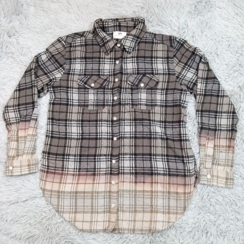 Panache Shirt Womens L‎ Gray Plaid Button Up Casual Pockets Comfort Ombre
